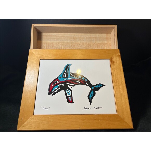 Orca Whale Tile On Handmade Wood Trinket Box By Glenn Mcnutt Alaska Native Art - Picture 6 of 13